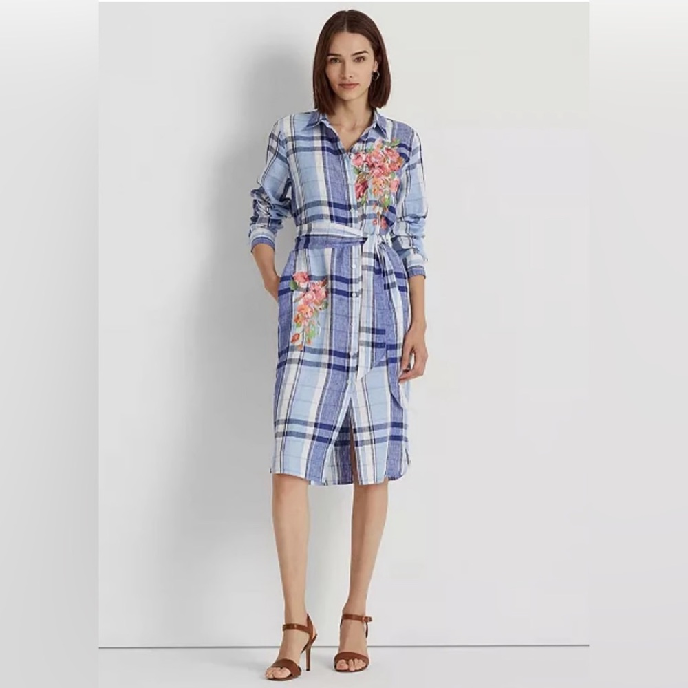 NWT Lauren Ralph Lauren  Floral & Plaid Linen Shirtdress Size 10
